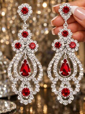 Cubic Zirconia Chandelier Earrings 2.5 Inches Red Silver Toned New